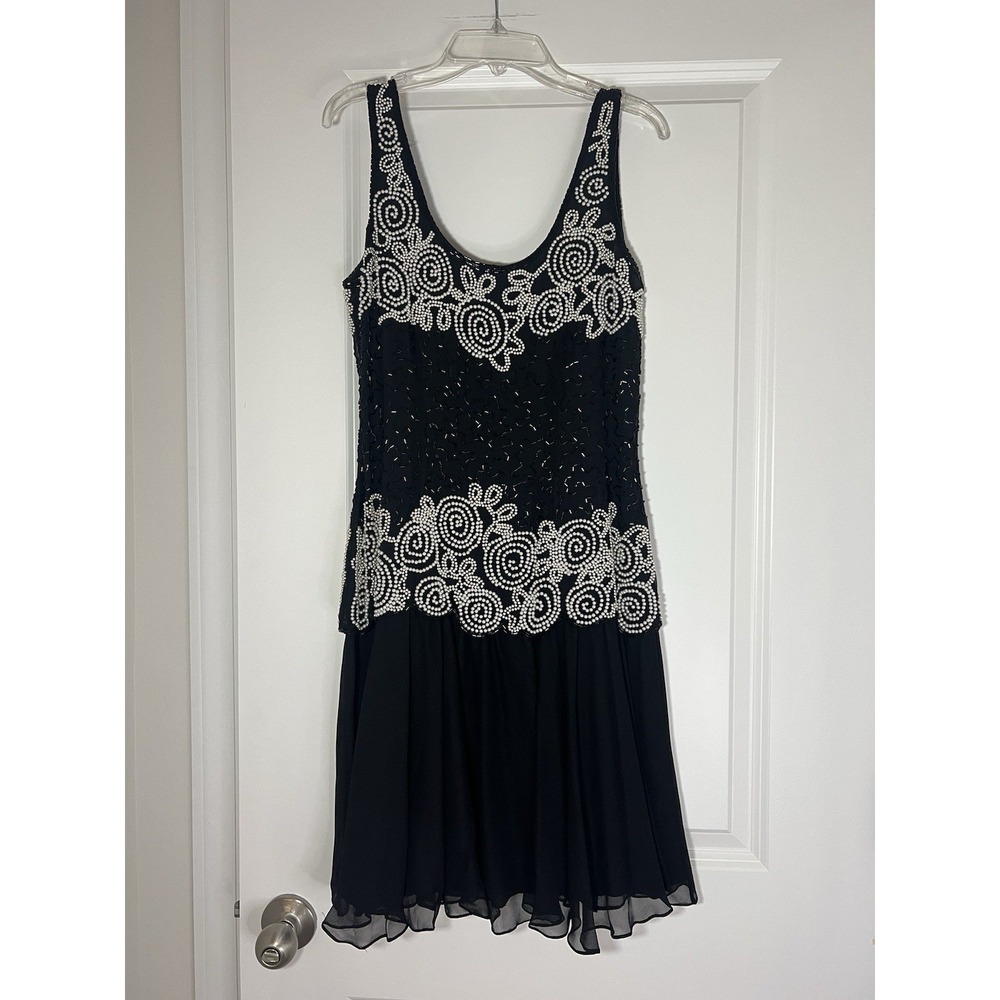 Women's Vintage Kathryn‎ Conover By Night Black Pearl Beaded Silk Black Dress 6
